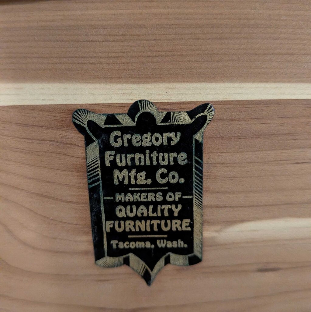 Wooden furniture with a label from Gregory Furniture Mfg. Co.