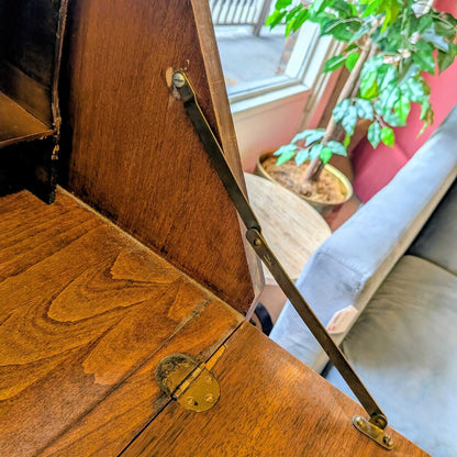 Wooden desk with brass handle in a room with a plant and window.