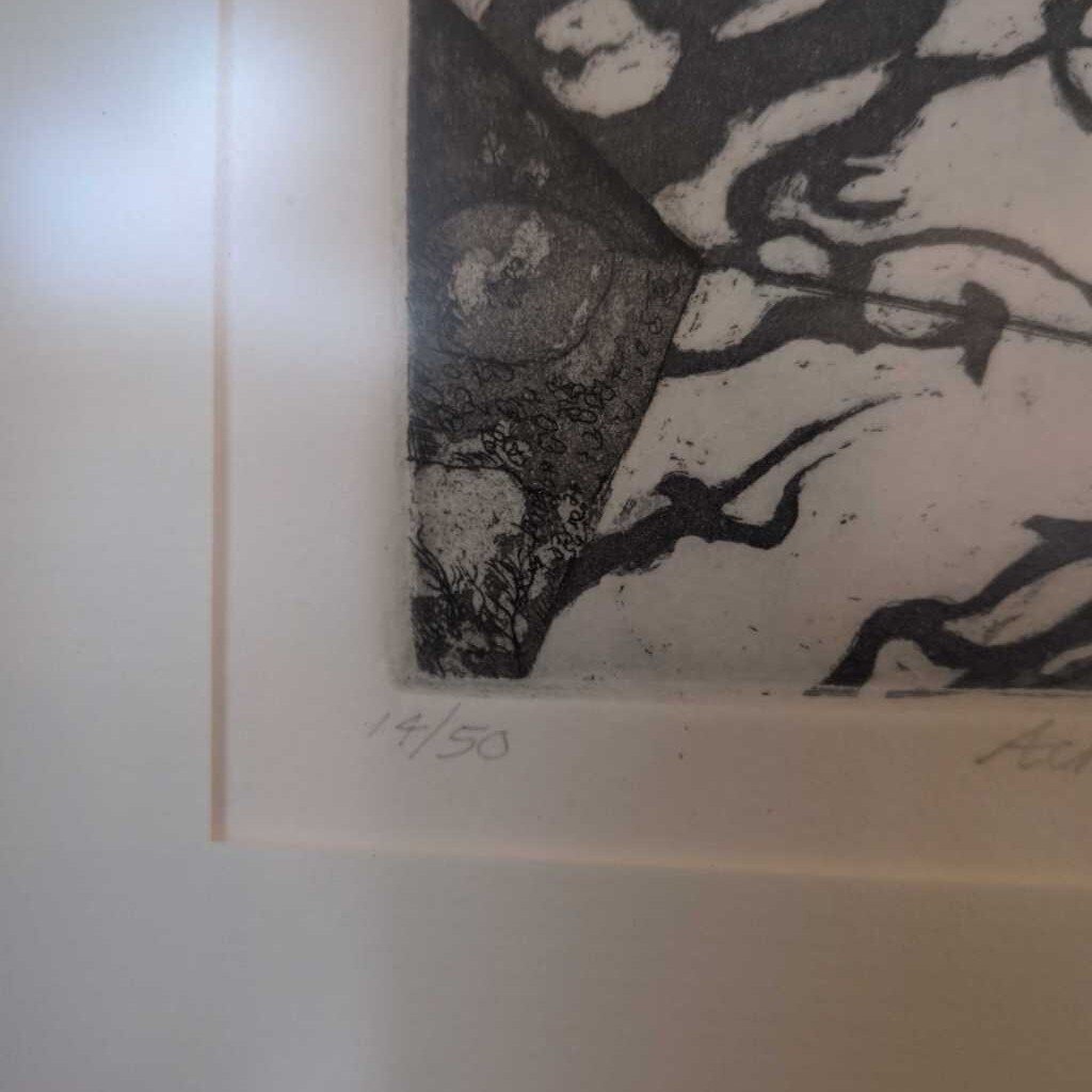 Black and white etching on a white background