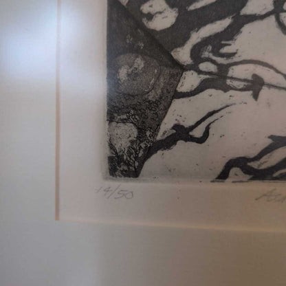 Black and white etching on a white background
