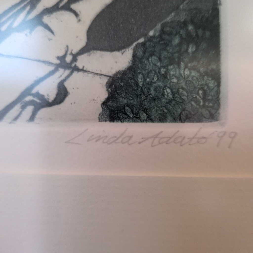 Artistic depiction of a figure with a textured background, signed 'Linda Addato 99'.