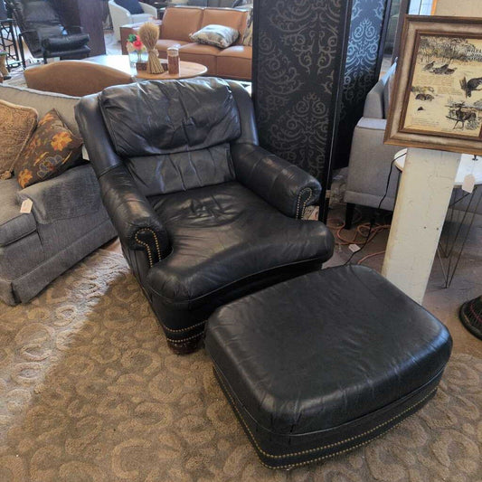 blue leather nailhead chair and ottoman