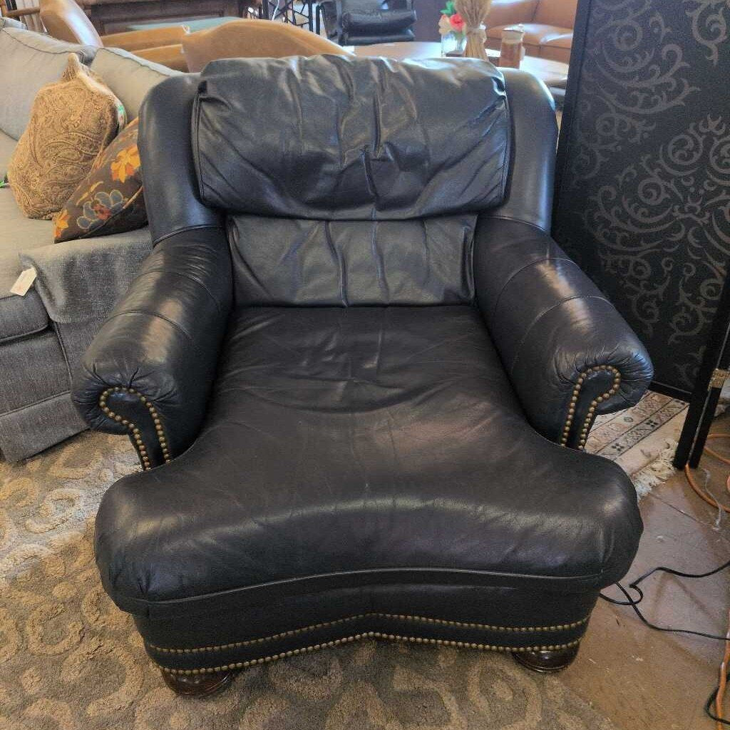 blue leather nailhead chair and ottoman