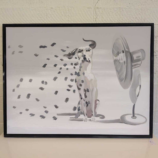 Framed artwork of a Dalmatian dog next to a fan on a white background