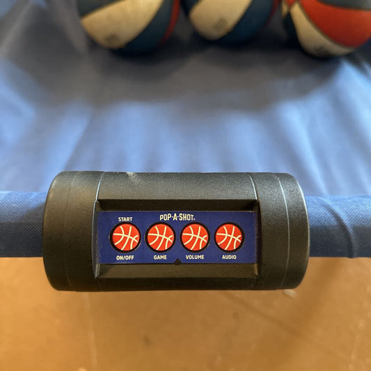 Control device with buttons on a pool cue against a pool table background