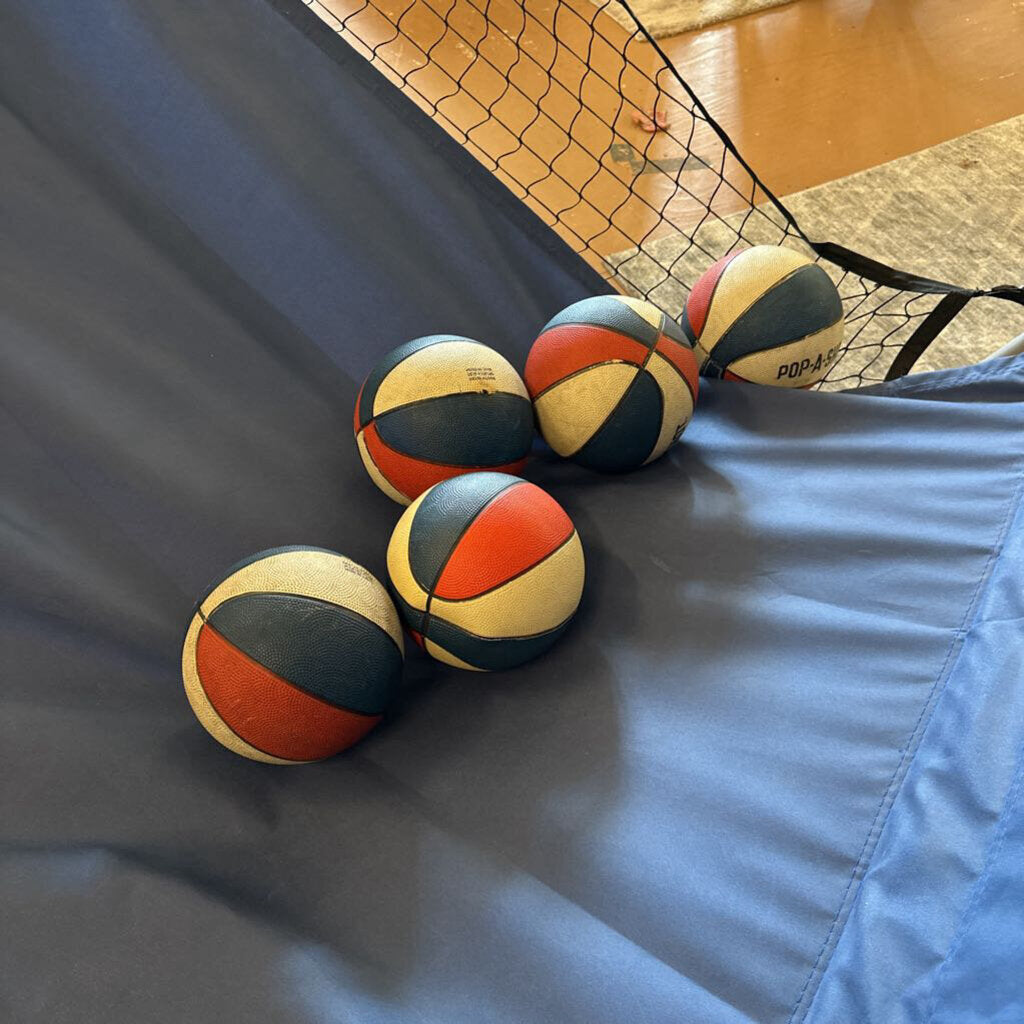 Colorful beach balls on a blue towel with a net in the background