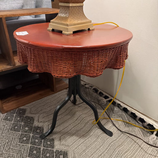 Red Top Side Table with Wicker Skirt