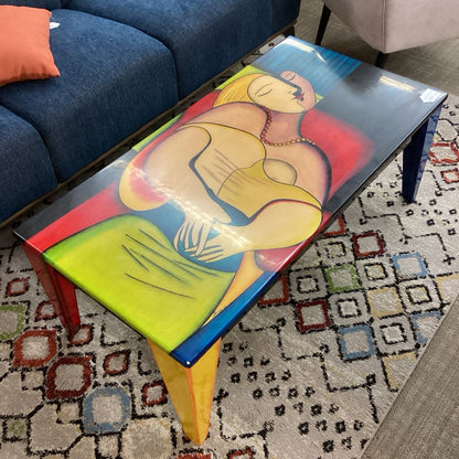 Colorful abstract coffee table in a living room setting