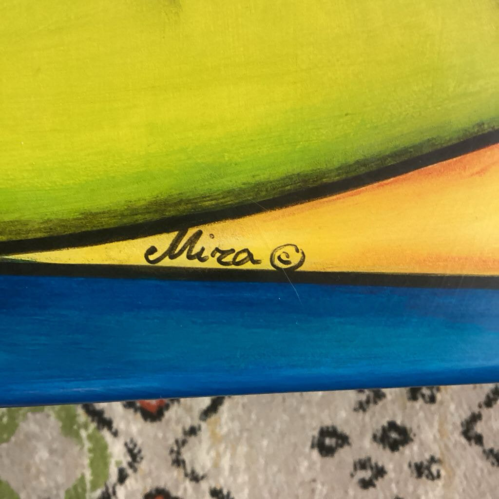 Colorful abstract painting with a signature in the center