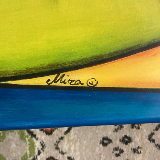 Colorful abstract painting with a signature in the center