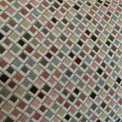Patterned fabric with a diamond grid of multicolored squares