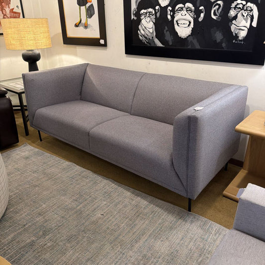 Gray sofa in a room with a lamp and wall art