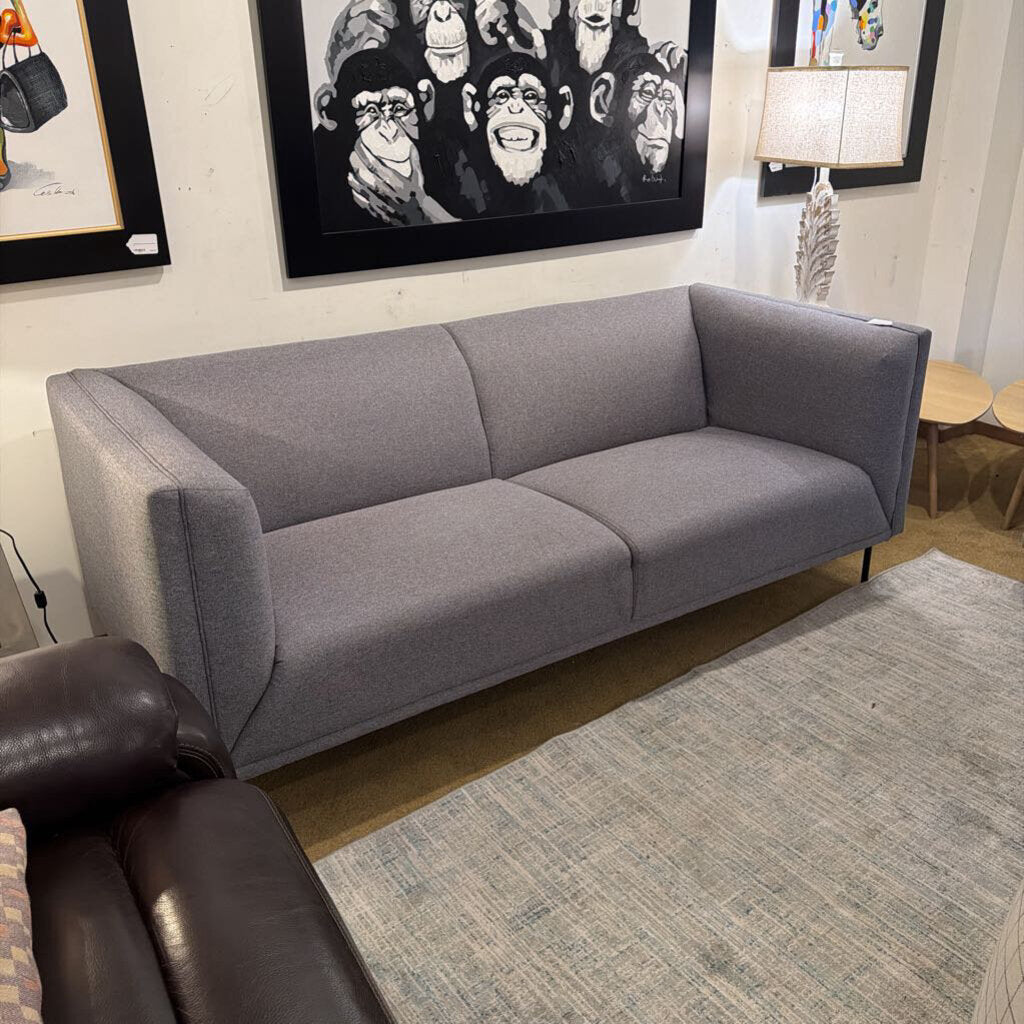 Gray sofa in a room with a rug and wall art