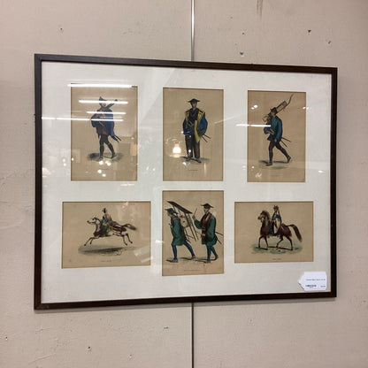 Framed artwork with six illustrations of men on horseback and with weapons, displayed on a wall.