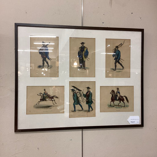 Framed artwork with six illustrations of men on horseback and with weapons, displayed on a wall.