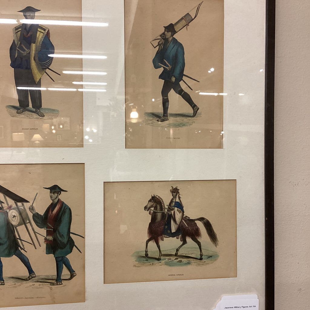 Set of historical illustrations of figures in traditional attire on a beige wall.