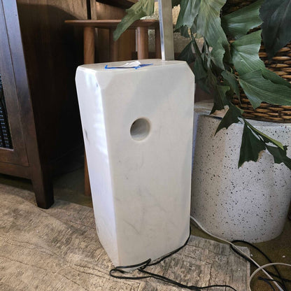 White air purifier on a carpeted floor with a plant in the background