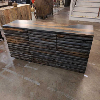 Wooden reception desk in a showroom setting