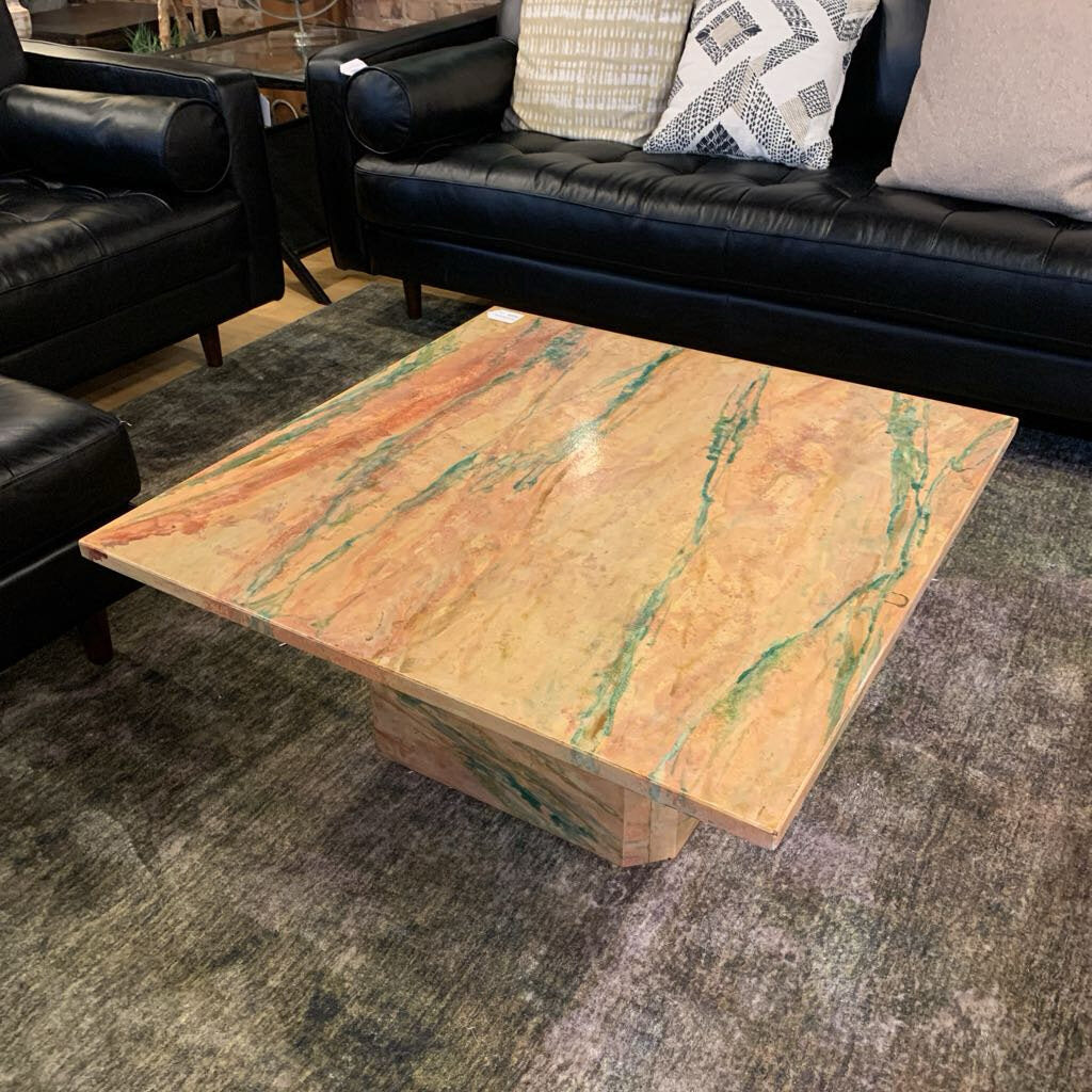 Multicolor Handpainted Marble-Esque Square Top Coffee Table