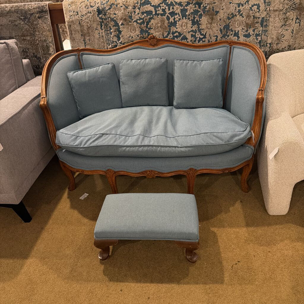 Victorian Style Blue Fabric Ornate Leg Settee + Stool