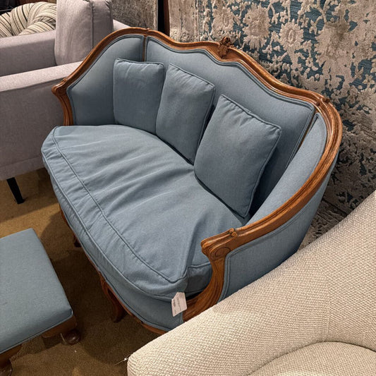 Victorian Style Blue Fabric Ornate Leg Settee + Stool