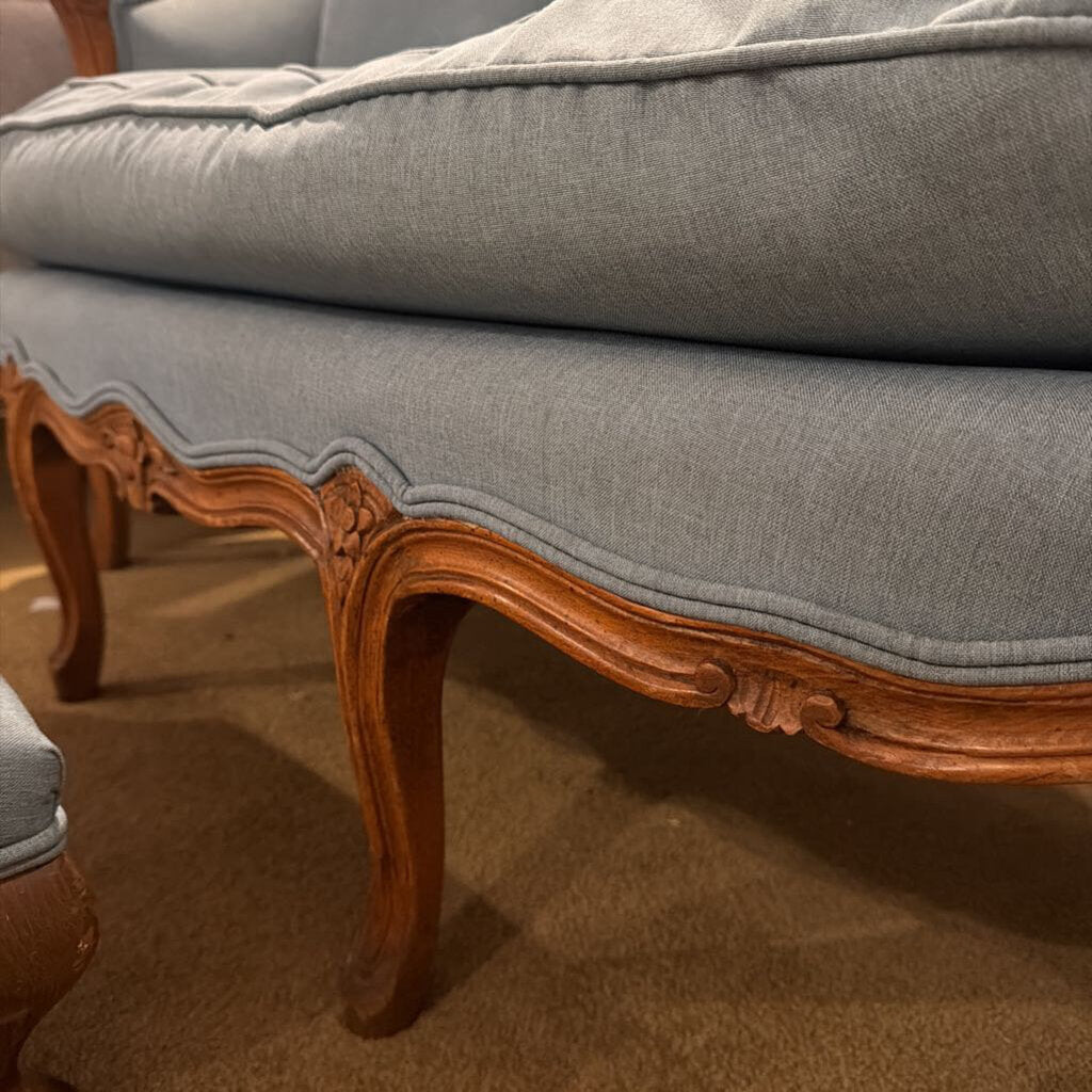 Victorian Style Blue Fabric Ornate Leg Settee + Stool