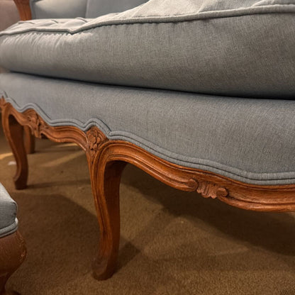 Victorian Style Blue Fabric Ornate Leg Settee + Stool