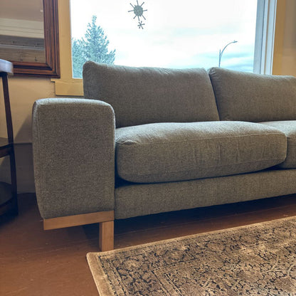 Gray sofa in a living room with a window and rug in the background