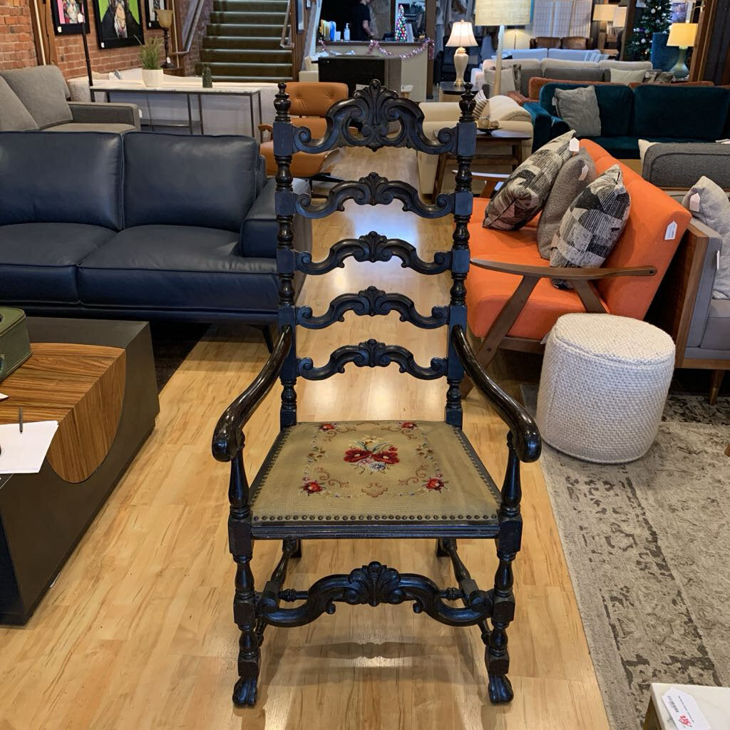 Carved Ornate Chair w/Cross Stitched Seat