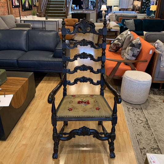 Carved Ornate Chair w/Cross Stitched Seat