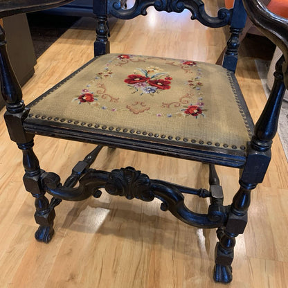 Carved Ornate Chair w/Cross Stitched Seat