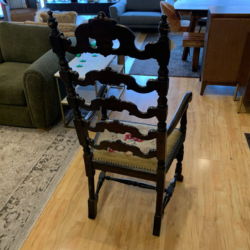 Carved Ornate Chair w/Cross Stitched Seat
