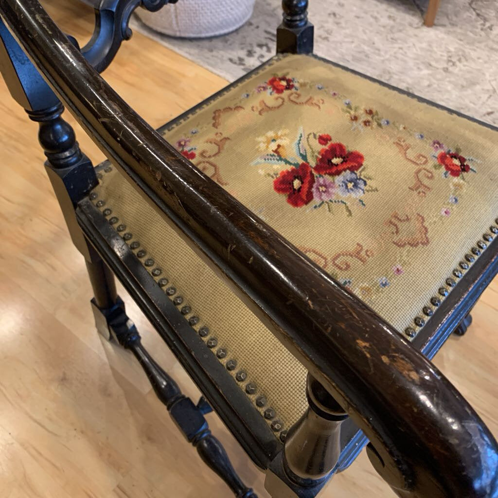 Carved Ornate Chair w/Cross Stitched Seat