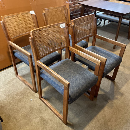 Oak Rattan Back Blue Seat Dining Chairs SET of 4