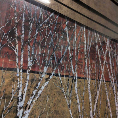 Artistic depiction of trees with white trunks against a red and brown background