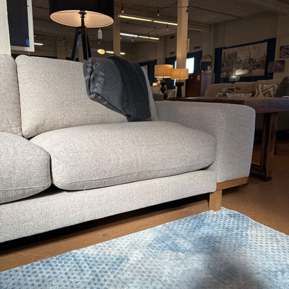 Gray sofa in a store setting with a rug on the floor.
