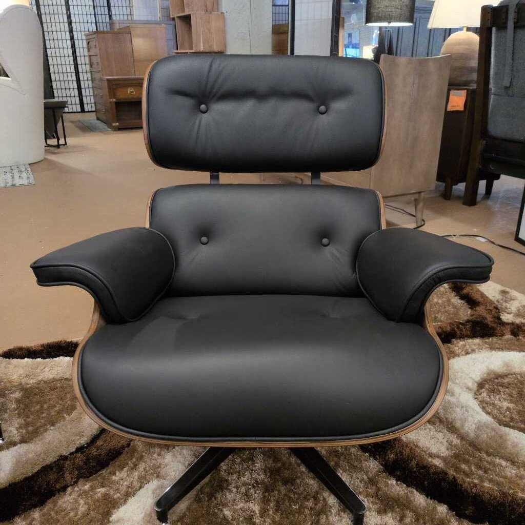 Eames Style Lounge Chair with Ottoman - Black Leather