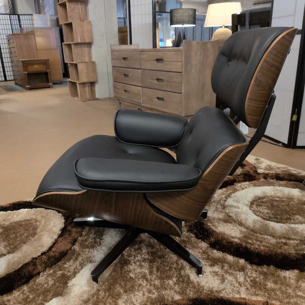 Eames Style Lounge Chair with Ottoman - Black Leather