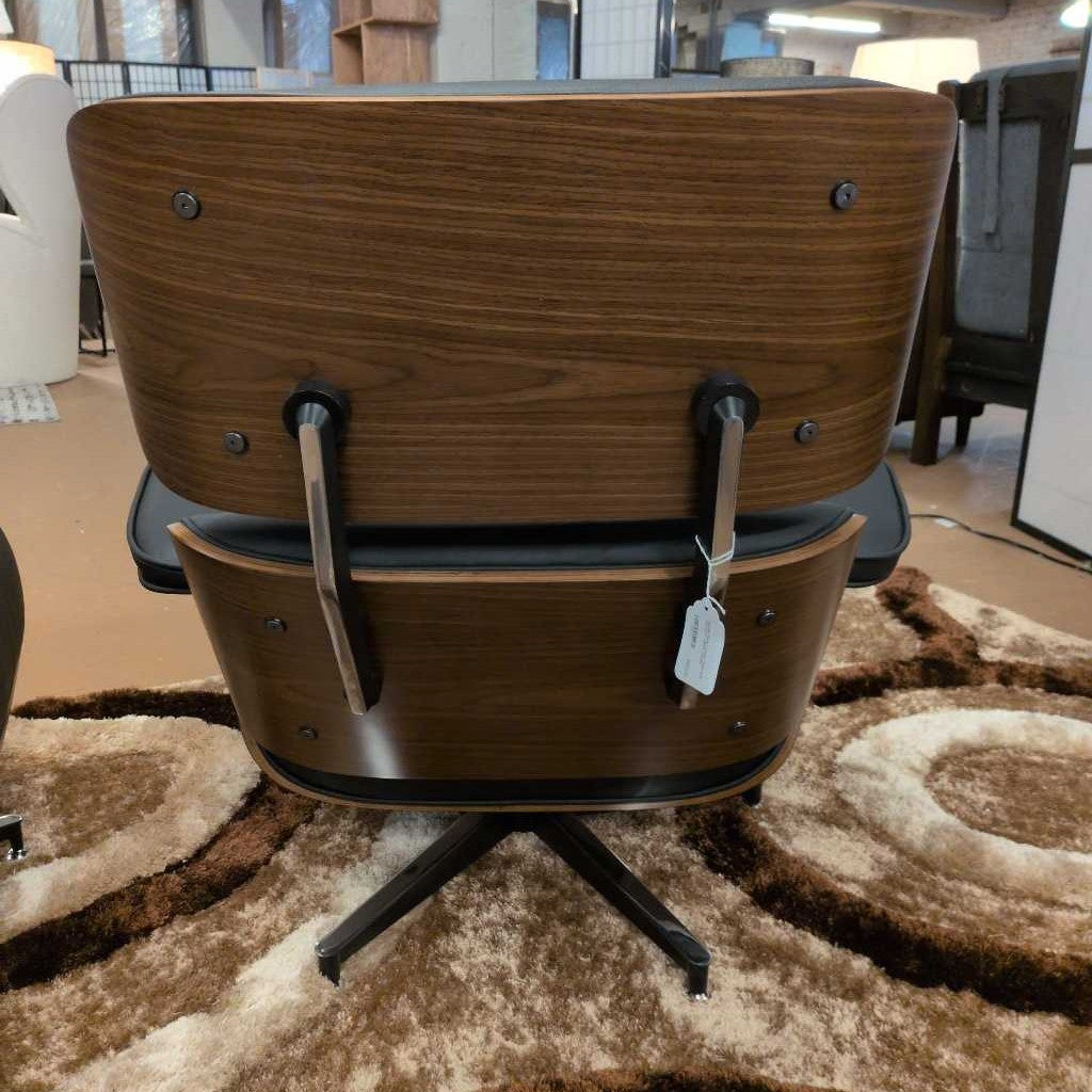 Wooden office chair with a tag on a patterned rug