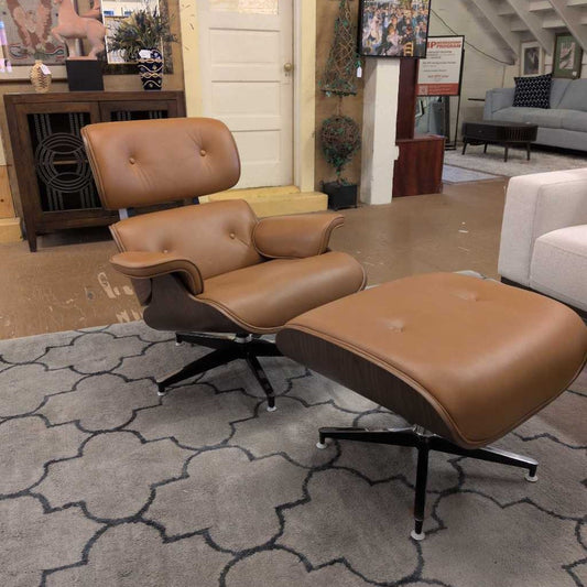 Tan Leather Bentwood Lounge Chair & Ottoman