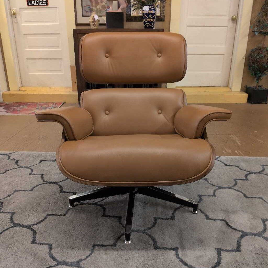 Eames Style Lounge Chair with Ottoman - Tan Leather