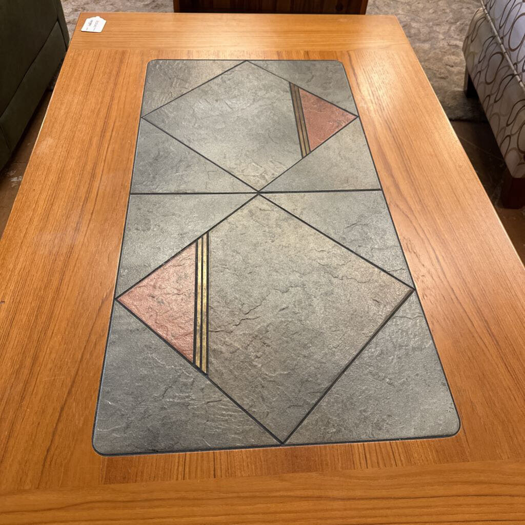 Geometric patterned placemat on a wooden table