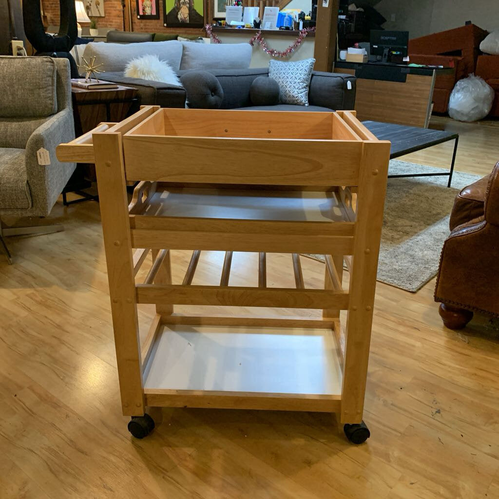 Blond wood Rolling Cart with Checkerboard Design on Top