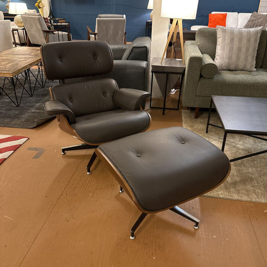 Eames Style Lounge Chair with Ottoman - Brown Leather