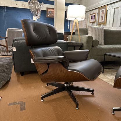 Eames Style Lounge Chair with Ottoman - Brown Leather