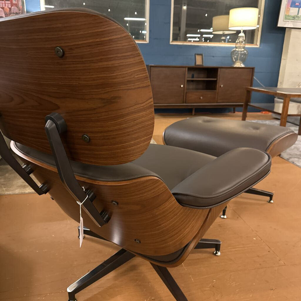 Eames Style Lounge Chair with Ottoman - Brown Leather