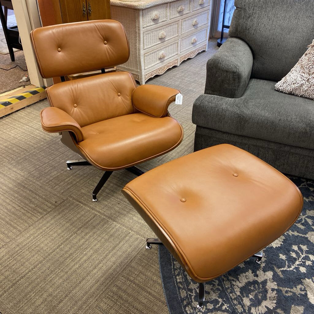 Eames Style Lounge Chair with Ottoman - Tan Leather