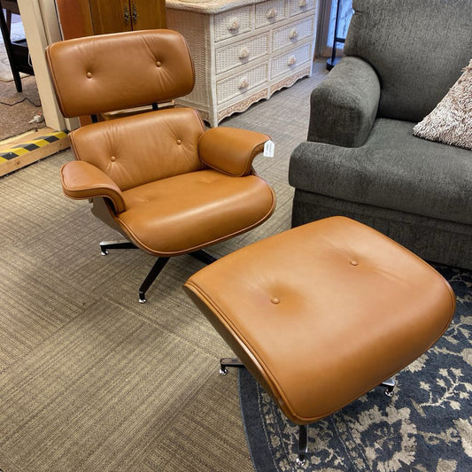 Eames Style Lounge Chair with Ottoman - Tan Leather