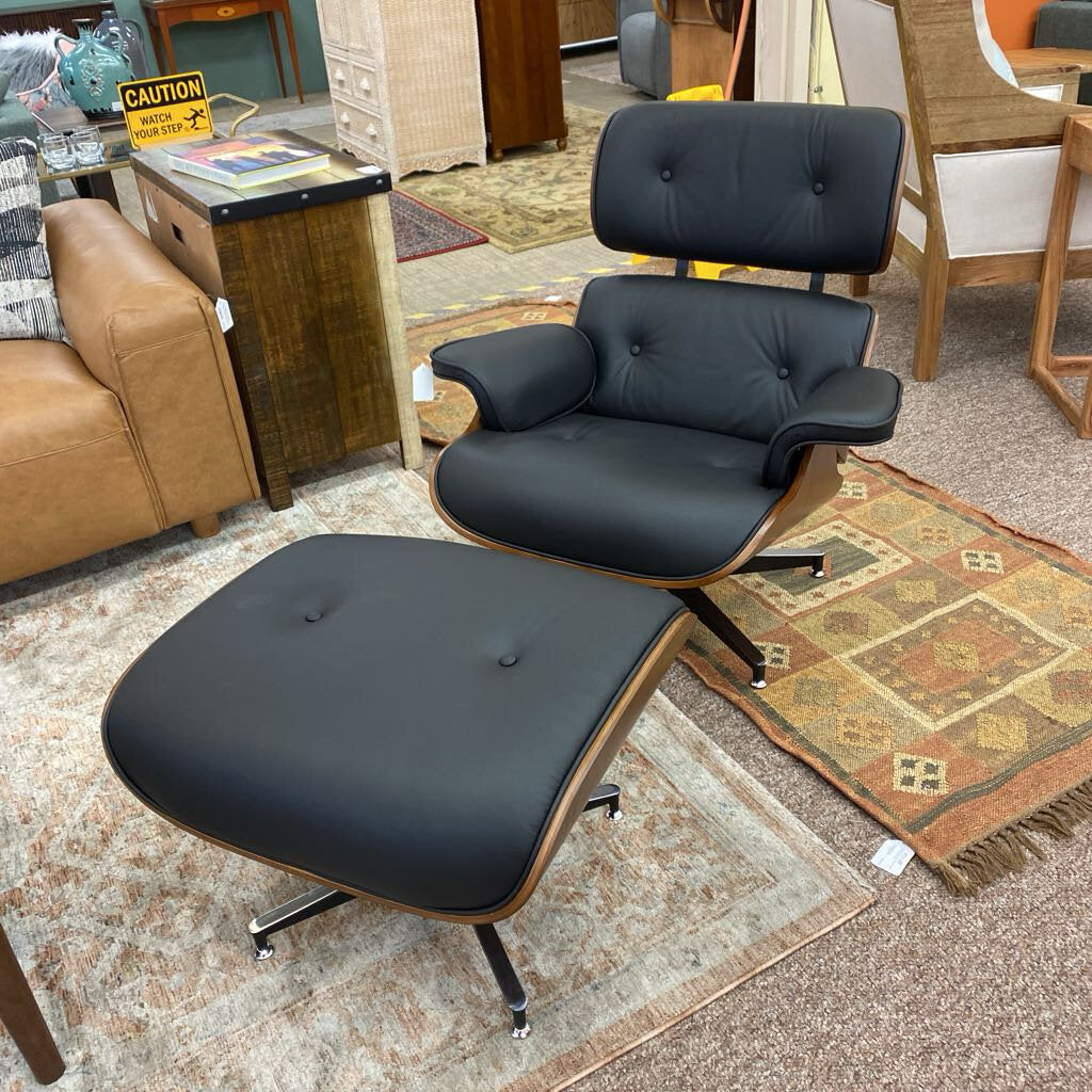 Black Leather Bentwood Lounge Chair & Ottoman