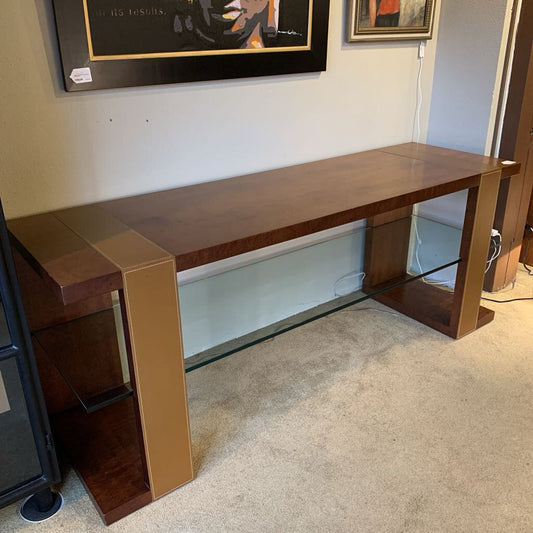 Wood & Glass Console Table with Leather Stitch Detail